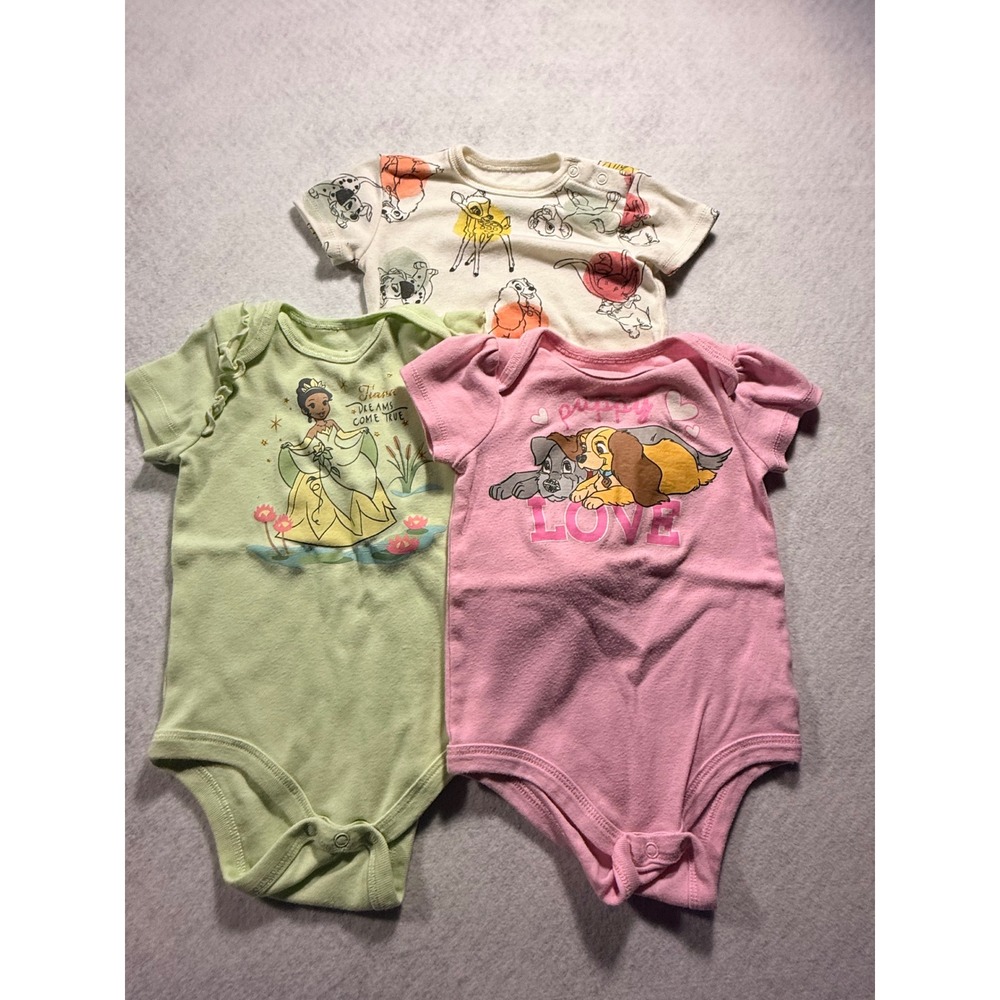 Disney Baby Bodysuits 12M Lot of 3 Princess Tiana Lady and the Tramp Puppy Love